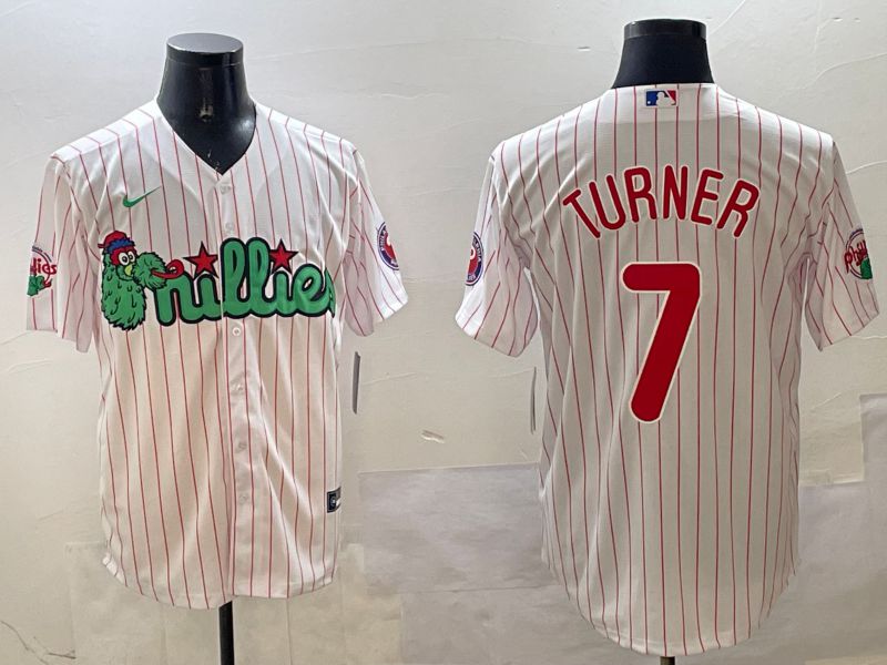Men Philadelphia Phillies #7 Turner White Stripe Three generations Joint Name Game 2025 Nike MLB Jersey style 1